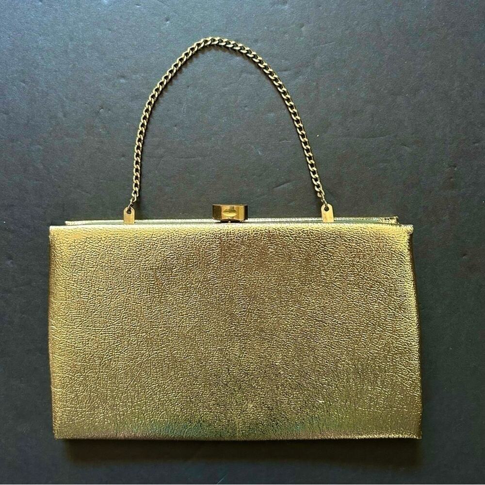 Vintage After Five Textured Gold Handbag, Chain Strap Can Tuck In To Make Clutch